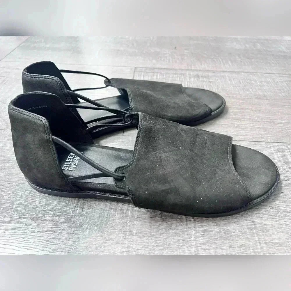 Eileen Fisher Spell Open-Toe d'Orsay Flats Size 8 Black Nubuck LIKE NEW